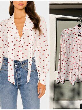 Equipment Silk Badalle Tie Neck Blouse Lips Print XS